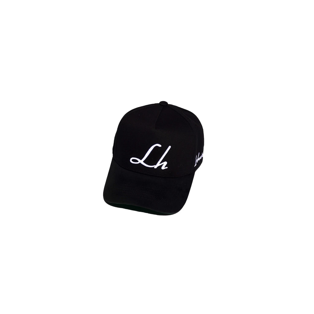 Black cap with white logo on a white background