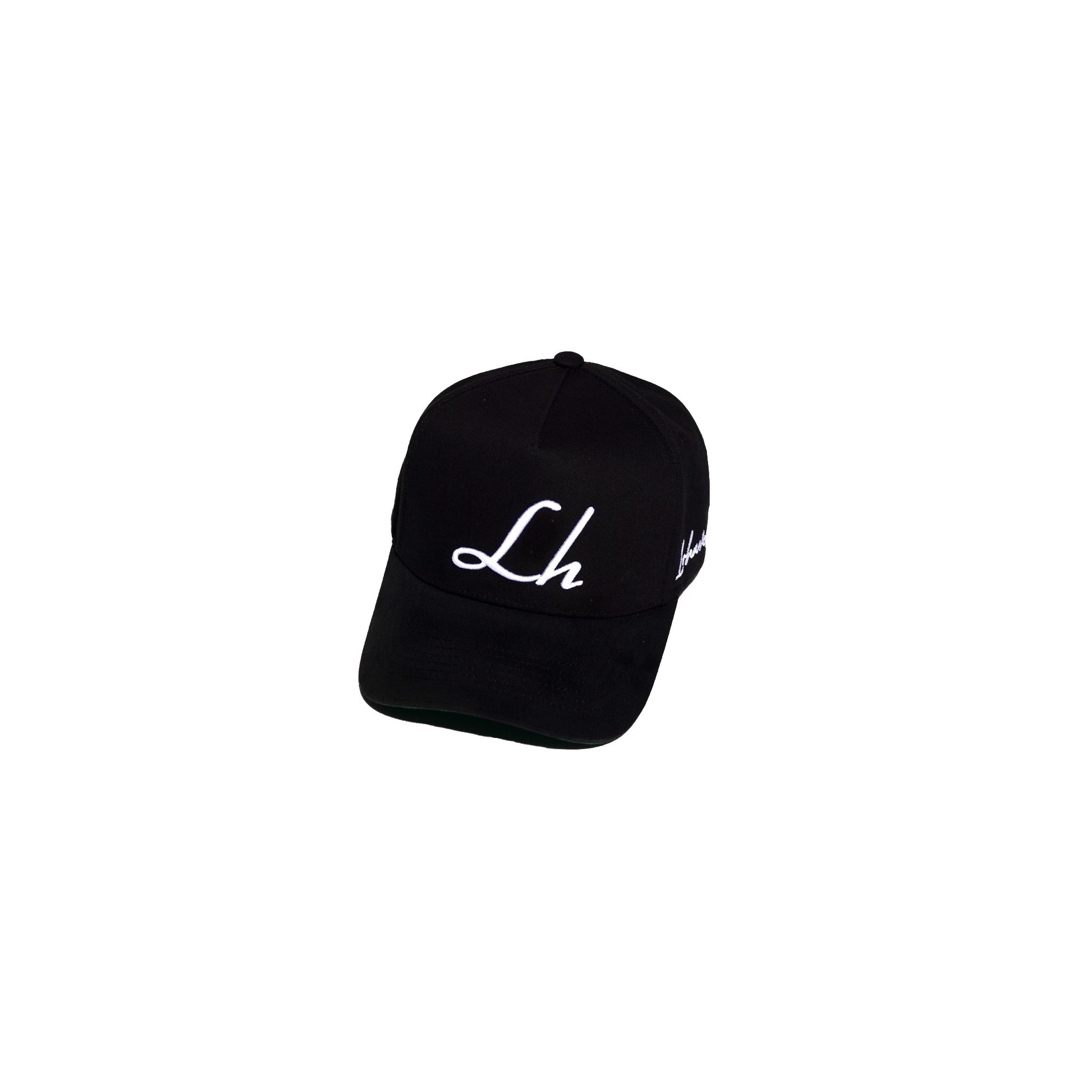 Black cap with white logo on a white background
