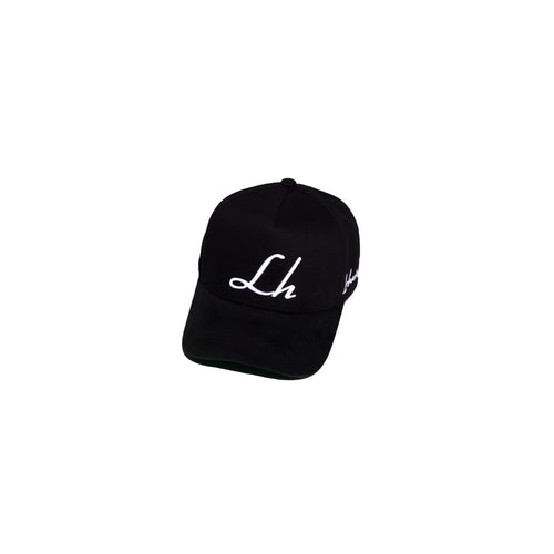 Black cap with white logo on a white background